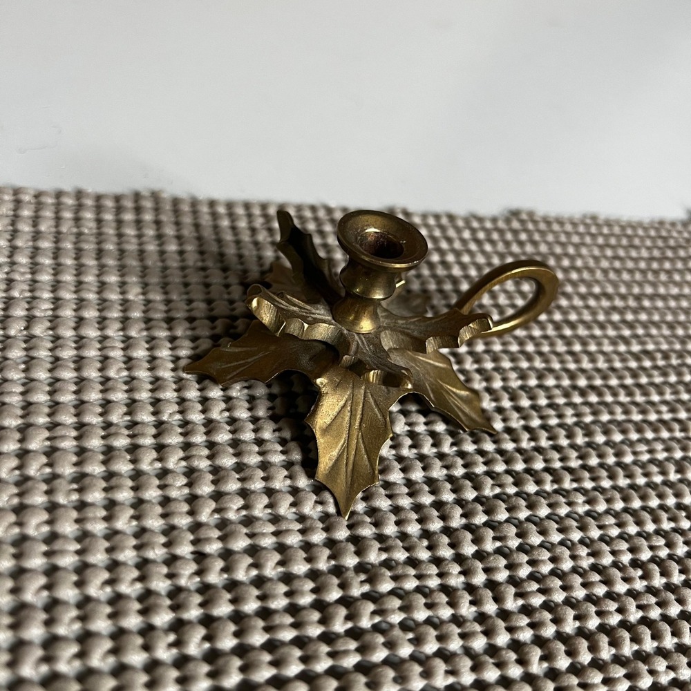 Vintage Brass Holly Leaf Taper Candle Holder Finger Loop Christmas Decor India
